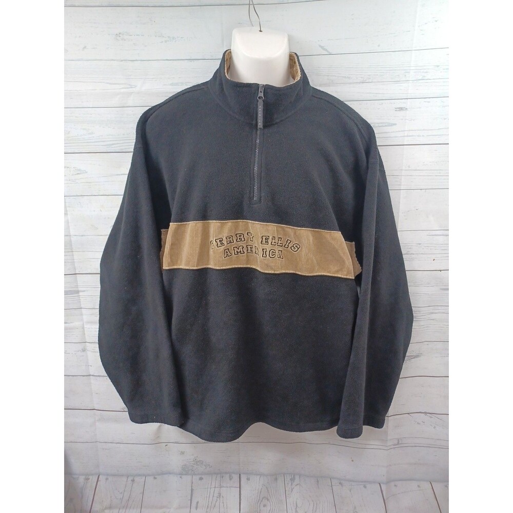 Vtg Perry Ellis America Mens L 90s 1/4 Zip Fleece Corduroy Spell Out